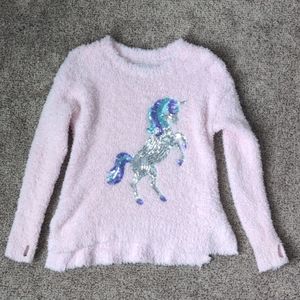 Justice fuzzy pink unicorn sweater, size 6